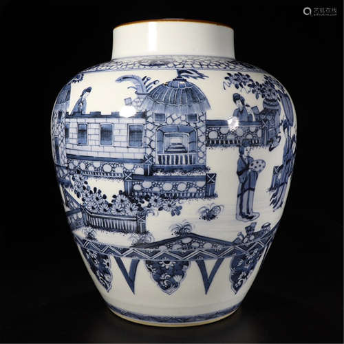 A CHINESE PORCELAIN BLUE AND WHITE FIGURE AND STORY POT