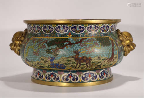 A CHINESE CLOISONNE LION HANDLE DEER INCENSE BURNER