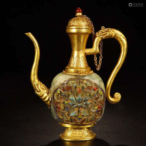 A CHINESE JADEITE INLAID GILT BRONZE HANGLE KETTLE