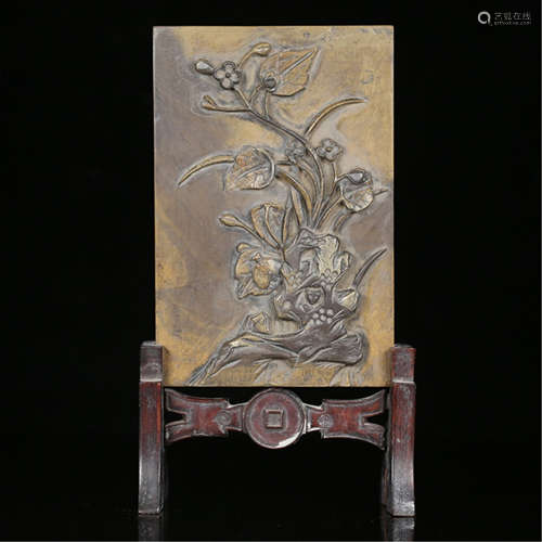 A CHINESE CARVED STONE FLOWER TABLE SCREEN