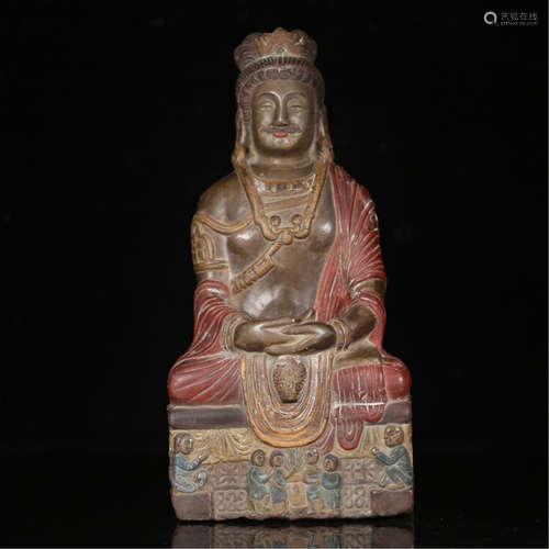 A CHINESE CARVED STONE SEATED BUDDHA