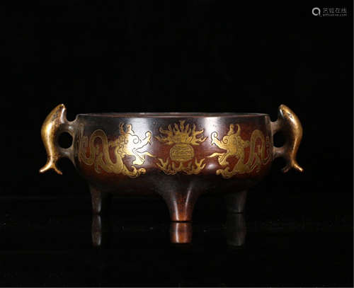 A CHINESE BRONZE BEAST HANDLE TRIPLE FEET INCENSE BURNER