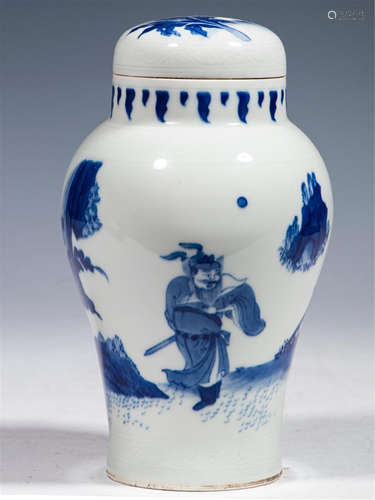 A CHINESE PORCELAIN BLUE AND WHITE FIGURE JAR