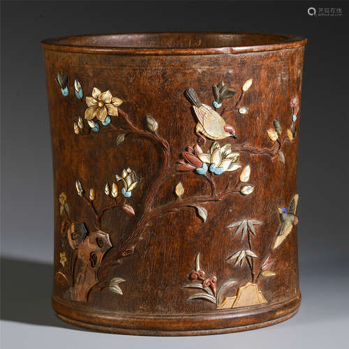 A CHINESE CARVED ZISHA GEM STONE INLAID FLOWER BIRD BRUSH POT