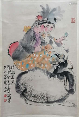 A CHINESE SCROLL PAINTING OF BEAUTY AND SHEEP WITH CALLIGRAPHY