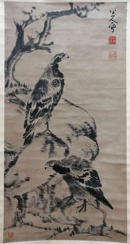 A CHINESE SCROLL PAINTING OF EAGLE ON ROCK