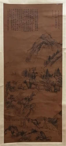 A CHINESE SCROLL PAINTING OF MOUNTAIN VIEW WITH CALLIGRAPHY