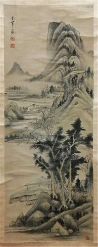 A CHINESE SCROLL PAINTING OF MOUNTAIN VIEW