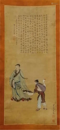 A CHINESE SCROLL PAINTING OF MAN WITH CALLIGRAPHY