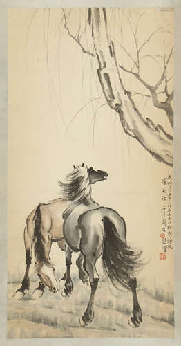 A CHINESE SCROLL PAINTING OF HORSE WITH CALLIGRAPHY