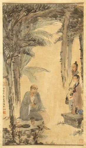 A CHINESE SCROLL PAINTING OF MEN UNDER TREE