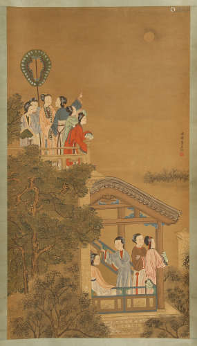 A CHINESE SCROLL PAINTING OF WOMEN ENJOY MOON