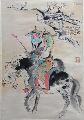 A CHINESE SCROLL PAINTING OF WOMAN ON HORSE