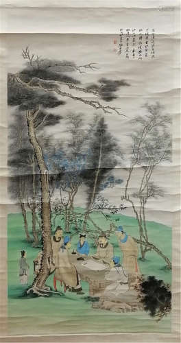 A CHINESE SCROLL PAINTING OF MEN UNDER TREE