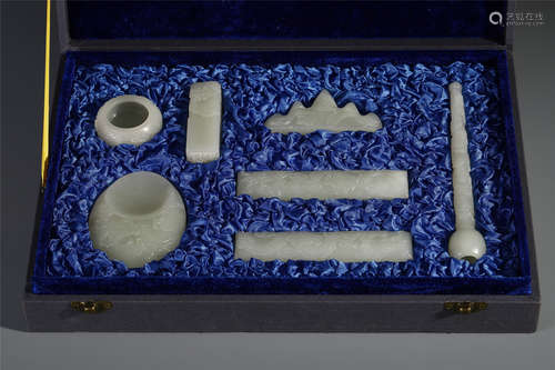 A SET OF CHINESE CARVED JADE SCHOLAR'S OBJECT