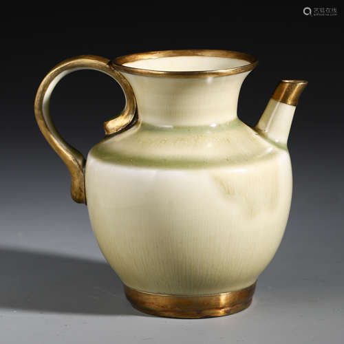 A CHINESE PORCELAIN CELADON GLAZED GILT BRONZE KETTLE