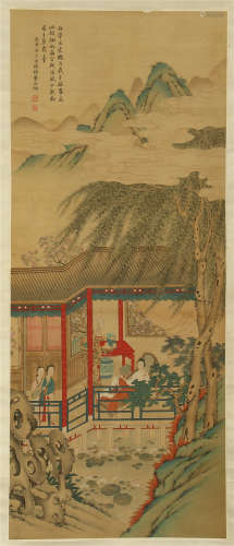 A CHINESE SCROLL PAINTING OF BEAUTY WITH CALLIGRAPHY