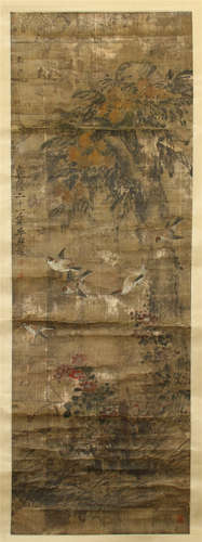 A CHINESE SCROLL PAINTING OF FLOWER AND BIRD