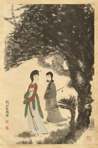 A CHINESE SCROLL PAINTING OF BEAUTY UNDER TREE