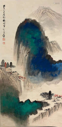 A CHINESE SCROLL PAINTING OF MOUNTAIN VIEW