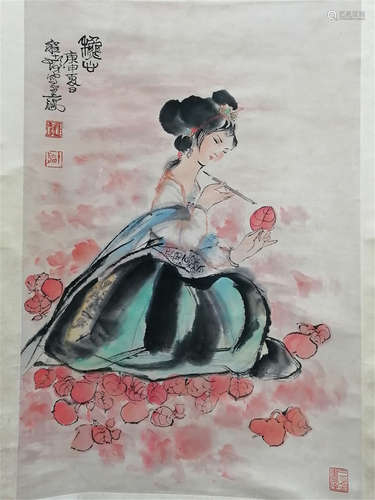 A CHINESE SCROLL PAINTING OF BEAUTY AND LEAF