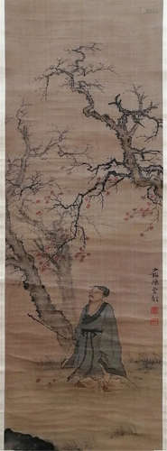 A CHINESE SCROLL PAINTING OF MAN UNDER TREE