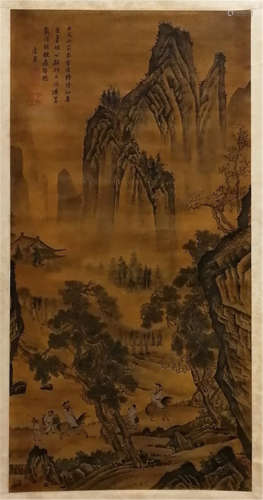 A CHINESE SCROLL PAINTING OF LANDSCAPE WITH CALLIGRAPHY