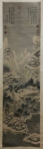 A CHINESE SCROLL PAINTING OF MOUNTAIN VIEW WITH CALLIGRAPHY