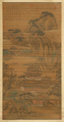 A CHINESE SCROLL PAINTING OF MOUNTAIN VIEW WITH CALLIGRAPHY