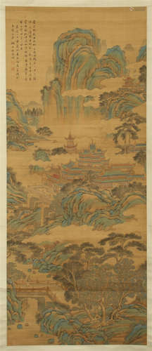 A CHINESE SCROLL PAINTING OF MOUNTAIN VIEW WITH CALLIGRAPHY