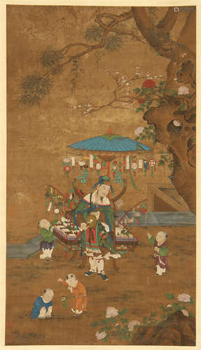 A CHINESE SCROLL PAINTING OF PLAYING BOYS