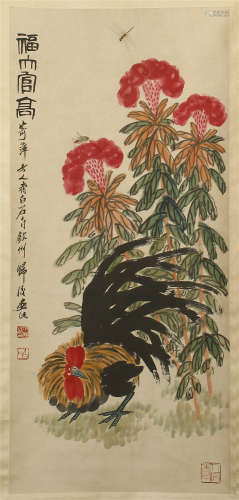 A CHINESE SCROLL PAINTING OF FLOWER AND ROOSTER