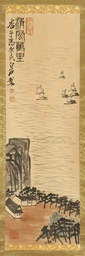 A CHINESE SCROLL PAINTING OF BOAT ON RIVER WITH CALLIGRAPHY