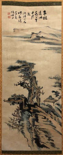 A CHINESE SCROLL PAINTING OF TREE WITH CALLIGRAPHY