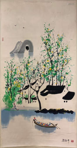 A CHINESE SCROLL PAINTING OF BOAT AND TREE