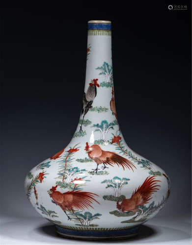 A CHINESE PORCELAIN FAMILLE ROSE FLOWER AND ROOSTER VASE