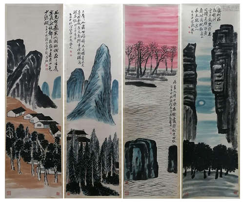 FOUR CHINESE SCROLL PAINTING OF MOUNTAIN VIEW