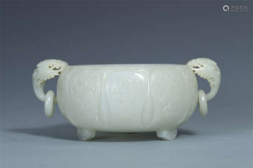 A CHINESE CARVED JADE HANDLE TRIPLE FEET INCENSE BURNER