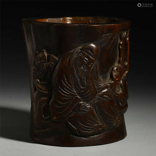 A CHINESE CARVED ZITAN WOOD FIGURE AND POEM BRUSH POT