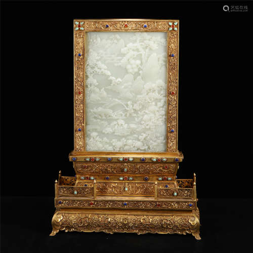 A CHINESE CARVED FIGURE JADE INLAID GILT BRONZE TABLE SCREEN