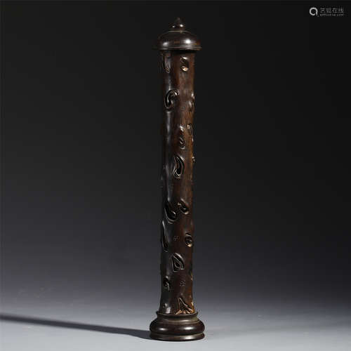 A CHINESE CARVED WOOD AND INSCRIBED INCENSE HOLDER