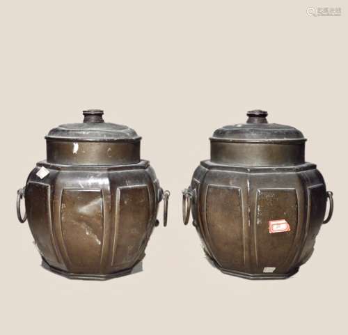 A  PAIR  OF  TIN EIGHT-SIDED DOUBLIE-RING EAR  POTS IN  QING  DYNASTY