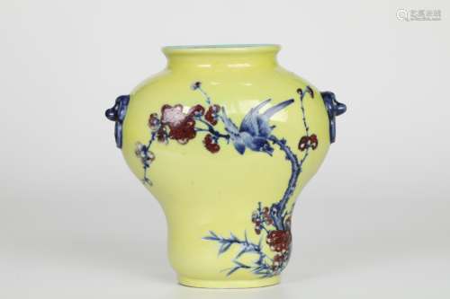 Qing,Yellow glaze flower and bird wall bottle