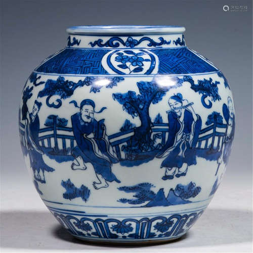 A CHINESE PORCELAIN BLUE AND WHITE FIGURE JAR