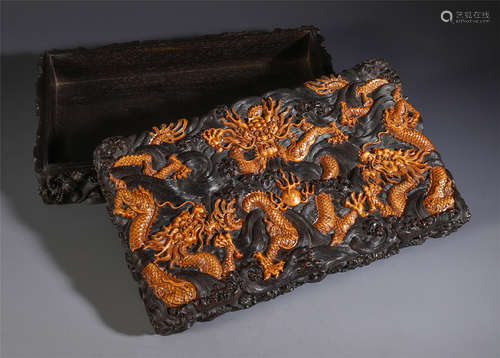 A CHINESE CARVED ZITAN WOOD DRAGON BOX