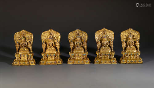 FIVE CHINESE GILT BRONZE SEATED BUDDHAS