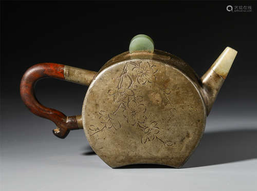 A CHINESE JADE WOOD INLAID SILVER KETTLE