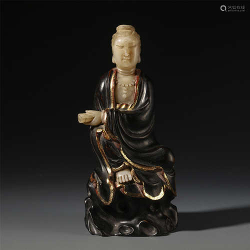 A CHINESE CARVED JADE SEATED BUDDHA INLAID ZITAN WOOD