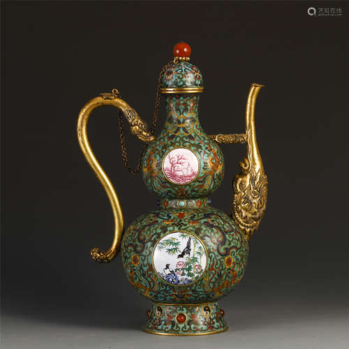 A CHINESE CLOISONNE COLOUR PAINTED KETTLE