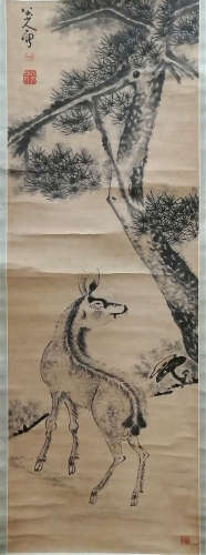 A CHINESE SCROLL PAINTING OF DEER UNDER PINE